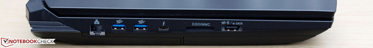 Left: Gigabit RJ-45, 2x USB 3.0, USB 3.1 Type-C Gen. 2 + Thunderbolt 3, SD reader, eSATA/USB 3.0
