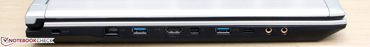 Left: Kensington lock, RJ45, 2x USB 3.0, HDMI, Mini-DP, USB 3.1 Type-C Gen. 2, microphone, headphones