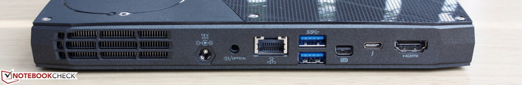 Rear: AC power, Optical, Gigabit Ethernet, 2x USB 3.0, Mini DisplayPort, USB Type-C 3.1 + Thunderbolt 3, HDMI 2.0
