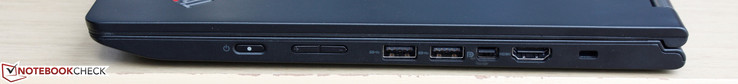 Right: Power button, Volume rocker, 2x USB 3.0, Mini-DisplayPort, HDMI, Kensington lock