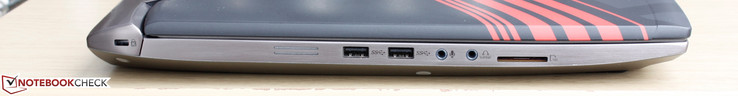 Left: Kensington Lock, 2x USB 3.0, 3.5 mm mic-in, 3.5 mm earphones/SPDIF, SD reader
