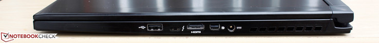 Right: USB 2.0, USB Type-C w/ Thunderbolt 3, HDMI 2.0, mini DisplayPort 1.2, AC adapter