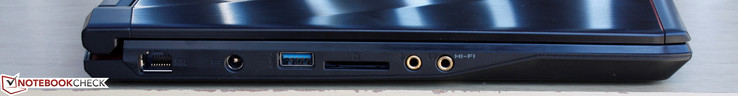 Left: Gigabit Ethernet, AC adapter, USB 3.0, SD reader, 3.5 mm microphone and earphones