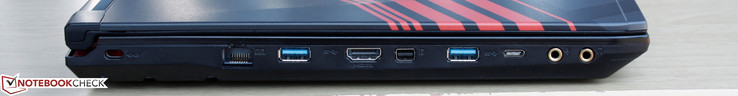 Left: Kensington Lock, Gigabit Ethernet, HDMI 1.4, mDP 1.2, USB 3.0, USB Type-C Gen. 2, 3.5 mm mic-out, headphone-out