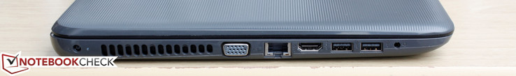 Left: AC adapter, VGA-out, Gigabit Ethernet, HDMI, USB 3.0, USB 2.0, 3.5 mm combo audio