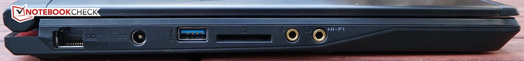 Left: Gigabit-Ethernet, power, USB 3.0, card reader, microphone jack, headphones