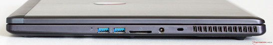 Right: 2x USB 3.0, SD card, power, Kensington