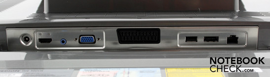 Bottom side: Power outlet, HDMI-in, audio-in, VGA-in, SCART-in, USB, eSATA and RJ-45