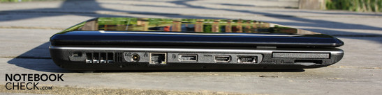 Left: Kensington, AC, LAN, DisplayPort, HDMI, eSATA/USB, ExpressCard54, cardreader