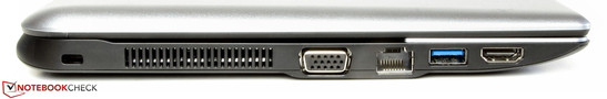 Left: Kensington lock, VGA out, Ethernet port, USB 3.0, HDMI