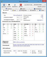 The capabilities of the optical drive in Nero InfoTool.