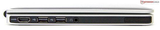 Left: HDMI, 2 USB 2.0s, headphone out, speaker