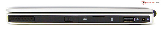 Right: speaker, SD card reader, SIM slot, USB 2.0