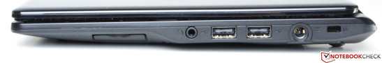 right side: Memory card reader, Line In/Out, 2x USB 2.0, power connection, Kensington lock
