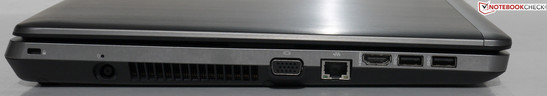 Left: Kensington lock, power socket, VGA, RJ45, HDMI, 2x USB 3.0