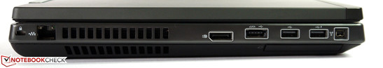 Left side: Kensington lock, Gigabit LAN, DisplayPort, USB 2.0/eSata, 2x USB 2.0, FireWire 400
