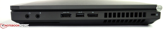 Right: Audio jacks, USB 2.0 / eSATA, powered USB 2.0, DisplayPort, Kensington lock