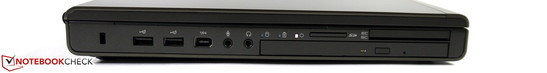 Left: Kensington lock, 2x USB 2.0, FireWire 400, audio jacks, card reader, Blu-Ray writer, Smart Card reader, ExpressCard 54/34