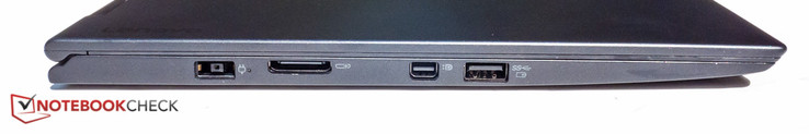 left side: DC In, OneLink+ (docking), Mini-DP, USB 3.0 (always-on USB)