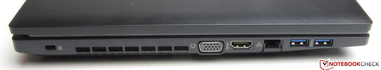 Left side: Kensington-slot, VGA-output, HDMI, Gigabit-Ethernet, 2x USB 3.0