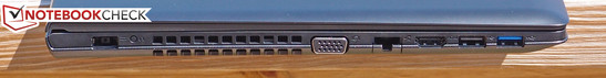 Left: Charging port, OneKey Recovery button, VGA, Gigabit Ethernet, HDMI, USB 2.0, USB 3.0