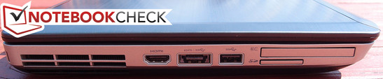 Left: Kensington lock, HDMI, USB 3.0/eSATA, USB 3.0, ExpressCard 54mm, SD Card Reader
