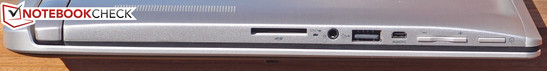 Left: Card reader, 3.5 mm combo audio, USB 2.0, mini-HDMI, volume rocker, power button