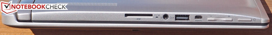 Left: Card reader, 3.5 mm combo audio, USB 2.0, mini-HDMI, volume rocker, power button