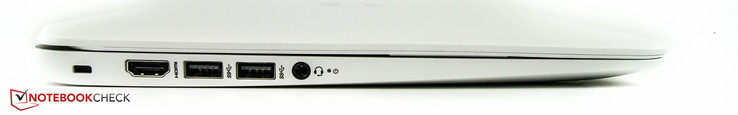 Left: Kensington lock, HDMI-out, 2 USB 3.0, combo audio
