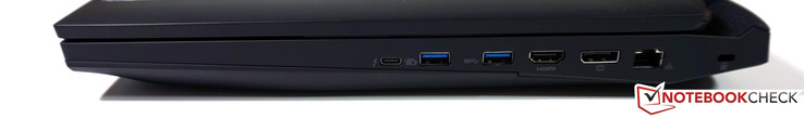 Right: USB 3.1 (incl. Thunderbolt 3), 2x USB 3.0, HDMI, DisplayPort, RJ45-LAN, slot for Kensington lock