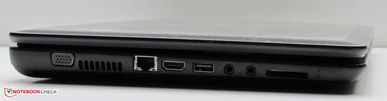 Left: VGA out, Ethernet port, HDMI, USB 2.0, microphone in, headphone out, memory card reader