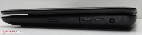 Right: Kensington lock slot, power socket, 2x USB 2.0, DVD burner