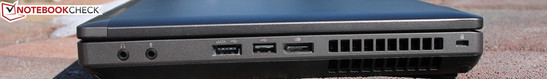 Right side: Audio In/Out, USB 2.0 / eSATA combination, USB 2.0, DisplayPort, Kensington Lock