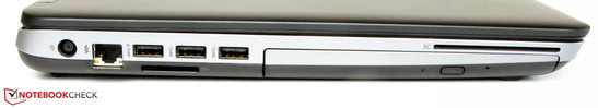 Left side: Power, Ethernet, 3x USB 3.0, card reader, DVD burner, smart card reader