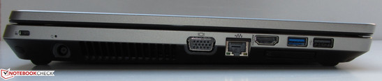 Left side: Kensington lock, power output, VGA-output, Gigabit-Ethernet, HDMI, USB 3.0, USB 2.0, Express Card slot