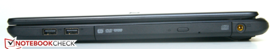 Right side: 2x USB 2.0, DVD drive, power jack (photo: Aspire E5-571G)