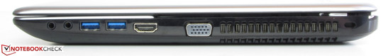 Right: Headphone out, microphone in, 2x USB 3.0, HDMI, VGA port, Kensington lock slot