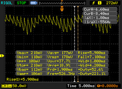 With a connected power supply we measured slight brightness variations (below 25% brightness) but no PWM measured, however a reader pointed out he got some PWM induced problems and with a later firmware version we could also see flickering at 50 Hz.