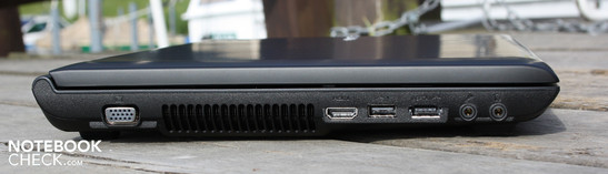 Left: VGA, USB, HDMI, eSATA, line out, mic
