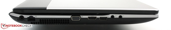 Left: Power socket, LAN, VGA, HDMI, USB 2.0, headphone/microphone