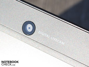 Sadly the built-in webcam only takes photos with a 640 x 480 resolution.
