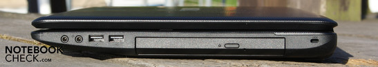 Right: Line out, microphone, 2 USB 2.0s, DVD burner, Kensington