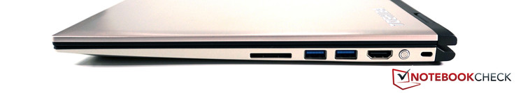 Right: SD-card reader, 2x USB 3.0, HDMI, power button, Kensington lock