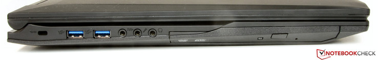 Left: Kensington Lock slot, 2x USB 3.0, S/PDIF, microphone-in, headphone-out, DVD burner