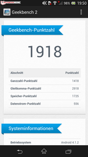 GeekBench 2: the result -1918 points - indicates good performance.