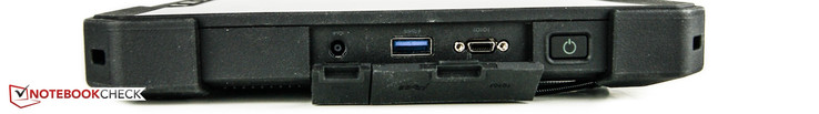 Right: Power socket, 1x USB 3.0, 1 x serial micro-port, power button