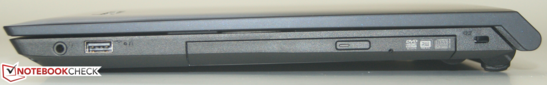 Right: combo audio jack, 1x USB 2.0, DVD drive