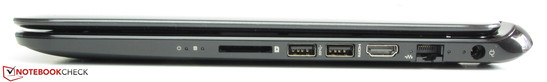 Right: Memory card reader (SD, MMC), 2x USB 3.0, HDMI, Ethernet, power socket.