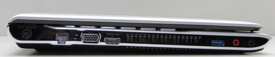 Left: Power socket, Gigabit Ethernet, VGA, HDMI, USB 3.0, headset jack, microphone jack
