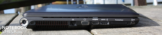 Left: AC, Kensington, Ethernet, VGA, HDMI, eSATA/USB, ExpressCard34, FireWire